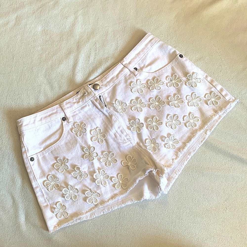 White Flower Jean Shorts